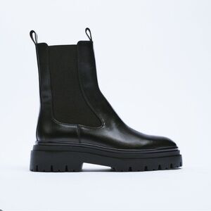 Zara Leather Lug Chunky Heel Black Boots Size 40